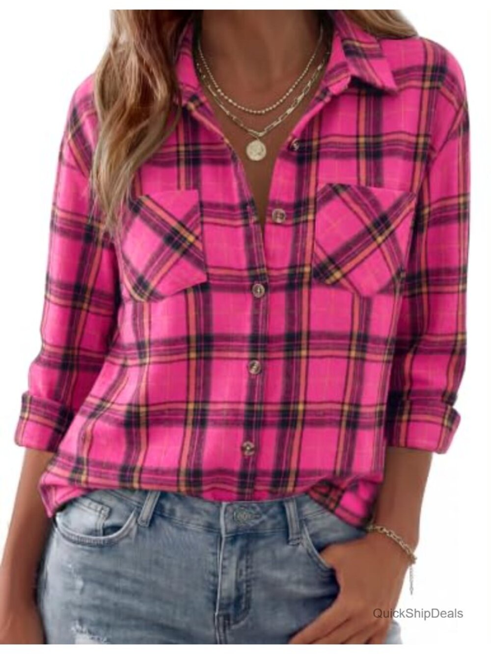 Womens Flannel Plaid Button Down Shirt Long Sleeve Casual Top